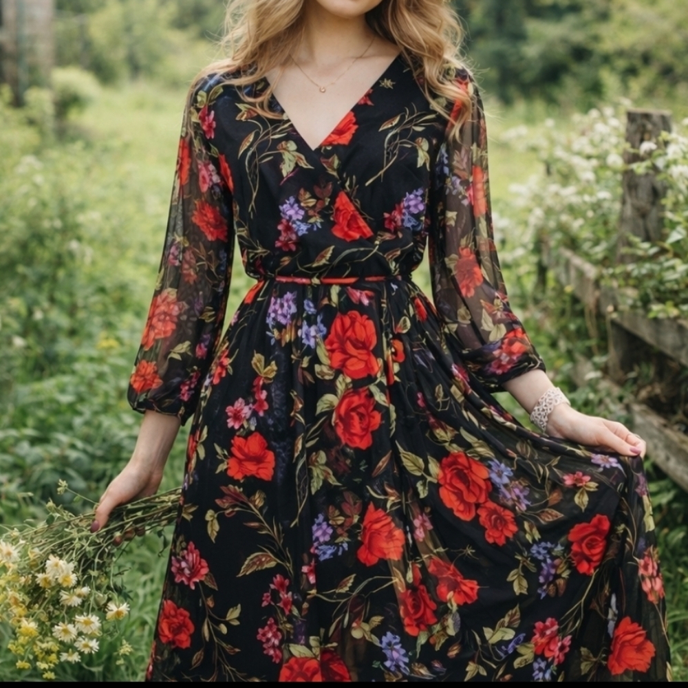 Harlow & Rose Dark Floral Midi Dress M Faux Wrap Cottage Overlay Sheer Sleeves